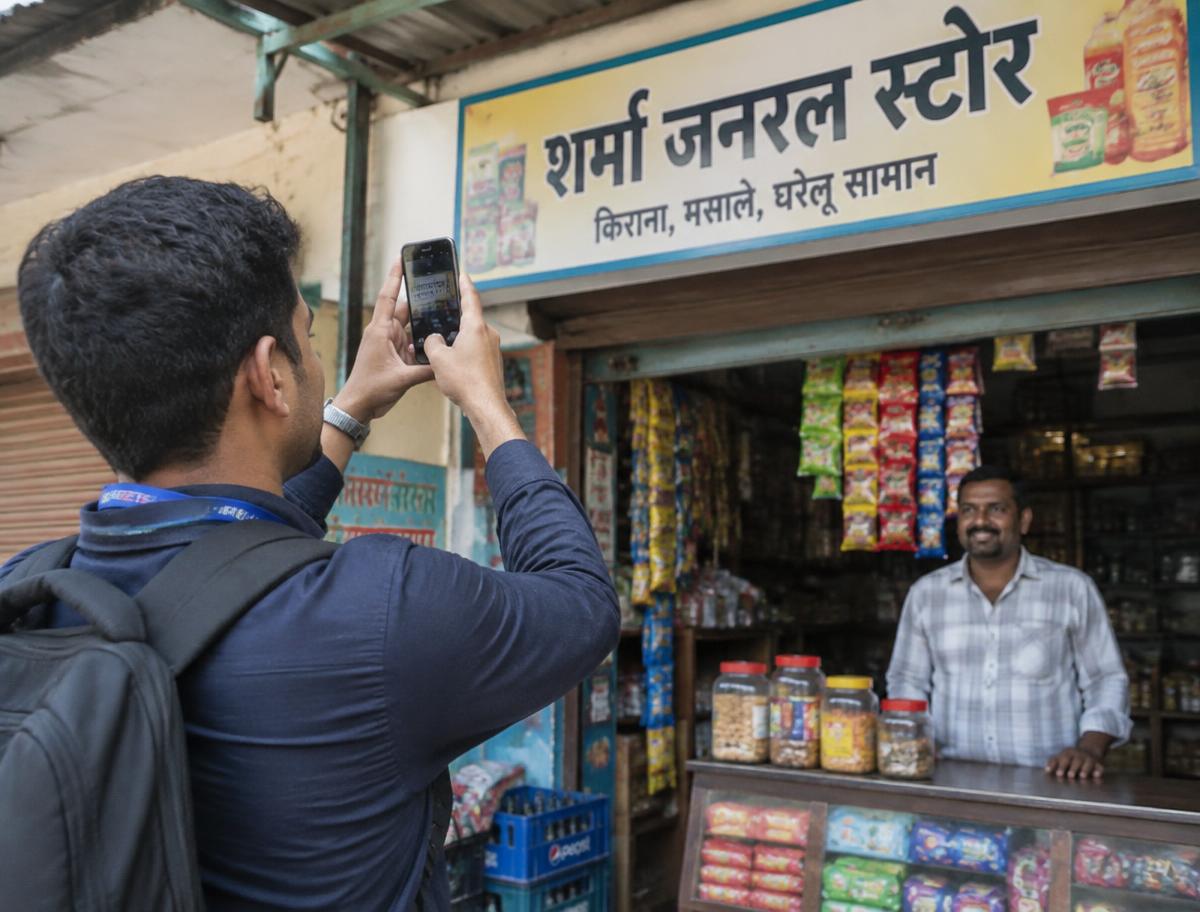 A SaathiX field agent photographing a shop signboard with the owner